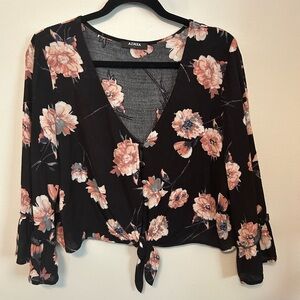 Floral Cottagecore Tie-Front Blouse - Pink and Black